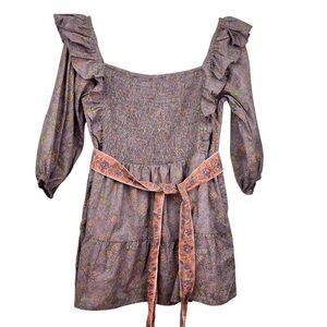 Victoria Dunn Cotton Floral Smocked Mini Dress Size Medium Purple Orange Green